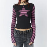 Dodobye Gothic Mall Goth Tees y2k Star Patched Striped Long Sleeve T-shirt Harajuku Grunge O Neck Slim Fit Crop Tops Streetwear