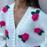 Black Friday Dodobye 3D Rose Flower Knitted Cardigan Female 2024 Autumn Winter Hand-Knitted Sweater Jacket V Neck Fashion Splice Casual Top