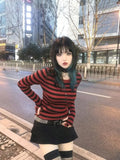 Dodobye Red Striped Pullovers Gothic Y2k Clothes Emo Girls Long Sleeve Asymmetrical Harajuku Slim Kawaii Retro Pull Femme Sweaters Chic