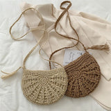 Dodobye Half Round Straw Bag for Women Summer Beach Rattan Shoulder Bag Zipper Woven Half Moon Crossbody Handbags Bohemia Vacation