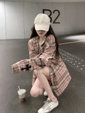 Dodobye Pink Plaid Shirt Women Cross Button Up Blouses Female High Street Long Sleeve Tops Hippie Autumn Oversize Streetwear Ins