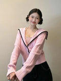 Black Friday Dodobye Y2k Pink Knitted Cardigan Sailor Collar Long Sleeve Sweater Women Korean Fashion Preppy Style Autumn Winter Cute Clothes