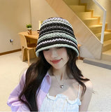 Dodobye Handmade Crochet Striped Bucket Hat For Women Hollow Knitted Cotton Panama Lovely Rainbow Fisherman Hats Summer Holiday Sun Caps