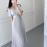 Dodobye High Quality New Women Summer Clothes Elegant V-Neck Slim Office Lady Casual A-Line Bandge Pleated Dress Vestidos