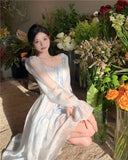 Dodobye Spring and Summer Square Collar Blue Elegant French Retro Long-sleeved Princess Prom Dress Bohemian Temperament Floral Dresses