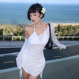 Dodobye Off-Shoulder Sexy See-Through Drawstring Dress For Women Long Sleeve Solid Summer Hot Girl Club Party Mini Bodycon Dress