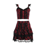 Ladies Gothic Directional Design New Two Piece Dark Plaid Suspender Lace Tie Pleated Skirt Set