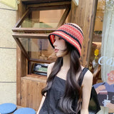 Dodobye Handmade Crochet Striped Bucket Hat For Women Hollow Knitted Cotton Panama Lovely Rainbow Fisherman Hats Summer Holiday Sun Caps