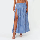 Dodobye Vintage Aesthetic Plaid Maxi Skirts for Women Y2K Elastic Waist Side Slit Tiered Skirt Summer Flowy Gingham A Line Long Skirts