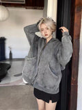 Black Friday Dodobye Grey Retro Zip Hoodie Women High Street Oversize Zipper Jacket Sweatshirt Streetwear Safari Style Loose Paired Clothes