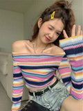 Black Friday Dodobye Long Sleeve Striped Sweater Off Shoulder Jumpers for Women 2024 Kawaii Pullover Y2k Korean Style Sweet Girls Top Fashion