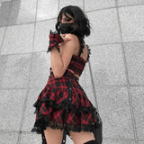 Ladies Gothic Directional Design New Two Piece Dark Plaid Suspender Lace Tie Pleated Skirt Set