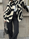 Dodobye Women Fashion Blocking Zebra Print Jacket Chic Lapel Snap Button Long Sleeves Loose Coat 2024 Autumn Female Warm Streetwear