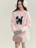 Black Friday Dodobye Y2k Pink Cat Knitted Pullovers Bow Kitty Graphic Raglan Sleeve Ribbed Sweater Women Sweet Girl Cutecore Winter Clothes