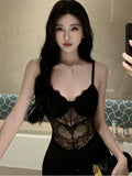 Dodobye Sexy Black Lace Long Dresses for Women Summer New Hollow Out High Split Bodycon Camisole Evening Party Dress Prom Robe Vestido