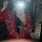 Dodobye Y2k Spider Web Graphic Red Warm Hoodies Harajuku Vintage Grunge Zip Up Hoodie Unisex Gothic Loose Sweatshirt Jacket Men Clothing