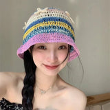 Dodobye Korean Version Sweet Hand-woven Bow Bucket Hats for Women Spring and Summer Hollow Breathable Travel Versatile Knitted Caps