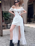 Dodobye Y2K Long Dresses for Women Puff Sleeve Lace-up A-line Off Shoulder Club Party Dress Summer New Korean Chic One Piece Vestido