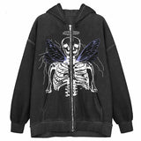 Dodobye Y2K Aesthetic Zip Up Sweatshirts E-girl Gothic Grunge Emo Skeletons Wings Print Oversized Hoodies Autumn Long Sleeve Coat Top