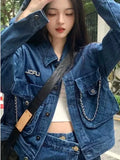 Dodobye-Streetwear Blue Cowboy Tops Coat Asymmetrical Design Lace Up Denim Mini Skirt Autumn Three Piece Sets Womens Outfits