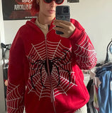 Dodobye Y2k Spider Web Graphic Red Warm Hoodies Harajuku Vintage Grunge Zip Up Hoodie Unisex Gothic Loose Sweatshirt Jacket Men Clothing