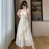 Dodobye Summer French Elegant Women Midi Dresses 2024 New Vintage Folds Solid Ruffle Party Robe Fairycore Neck Mounted Fashion Lady Maxi