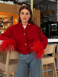 Dodobye Casual O-neck Spliced Feather Knitted Cardigan For Women Fashion Single Breasted Long Sleeved Red Sweater Autumn Lady Outerwear