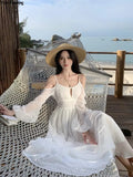 Dodobye Summer White Holiday Beach Long Dress Women Off Shoulder Backless Runway Vestidos Korean Chic A-line Sundress Clothes