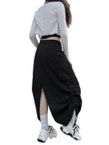 Dodobye Retro Women Long Cargo Pocket Baggy Skirts Side Drawstring Low Rise Solid Pockets Hip Hop Straight Skirts Y2k Streetwear