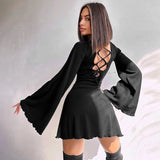 Women's Gothic Directional Design Dress New Dark Style Backless Tie Flared Sleeve Short Dress