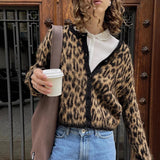 Black Friday Dodobye Fashion Lepard Knitted Sweater Cardigan For Women Loose Casual Long Sleeve Retro Single Breatted Sweater Autumn Outwear