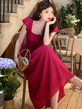 Dodobye Elegant Vintage Midi Dresses for Women Summer New Square Collar High Waist Princess Party Dress Casual A-line Vestido Mujer