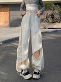 Dodobye New Street Hip Hop Wide Legged Casual Women Pants Zipper Open Splice with Tears Thin Loose Men and Women Pants