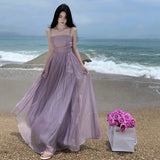 Dodobye 2024 Summer Purple Fairy Evening Party Long Dress Women Vintage Sexy Dresses Ladies Spaghetti Strap Tulle Pleated Dress Backless