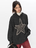 Black Friday Dodobye Vintage Star Graphic Knitted Hoodie Loose Casual Long Sleeve Sweater Pullover for Women Autumn Harajuku Streetwear Tops