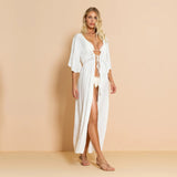 Dodobye Sexy Hollow Out White  Summer Dress Beach Tunic Women Beachwear Long Sleeve Front Open Self Belted Maxi Dresses Q964