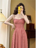 Dodobye Elegant Plaid Midi Dress Women French Vintage Spaghetti Strap A-line Spring Summer Holiday Beach Style Prom Robe Vestidos Mujer