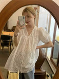 Dodobye Kawaii Lace White Long Shirt Women Floral Hollow Out Graphic Puff Sleeve Beautiful Blouse Female Korean V-neck Clothes