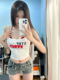 American Sexy Print Vest for Women Fashion Slim Fit White Tank Top+ Red Halter Bottoming Camis 2024 Summe New Two Piece Sets