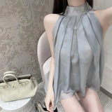 Dodobye Blouses Women Sleeveless Solid Temperament Loose Tender Summer Casual Folds Design Thin Stand Collar Fashion Streetwear Ulzzang