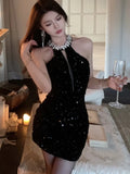 Dodobye Sexy Halter Mini Dress Women Sleeveless Rhinestone Sequins Hollow Out New Summer Shiny Evening Party Dresses Slim Clubwear