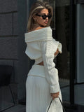 Black Friday Dodobye Knitted Skirt 2 Piece Set Women's One-Shoulder Long Sleeves Sweater Pullover Elegant Slim Fit Long Skirt Suit Autumn New