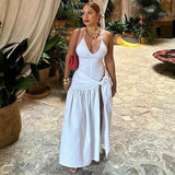 Dodobye White Halter Sexy Two Piece Set Backless Ruffle Evening Party Bodysuit Long Skirt Women Set Elegant 2 Piece Set Women