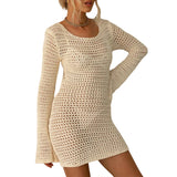 Dodobye Sexy Backless Knitted Dress Women Crochet Hollow Out Mini Dresses Summer Beach Boho Long Sleeve See Throug Bikini Cover-up