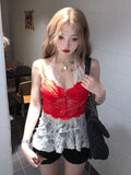 Dodobye Y2k Red Lace Tank Top Women Two Piece Set Halter Lace Up Sexy Girl Tops Retro Summer Hotsweet Streetwear Clothes Chic