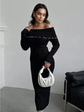 Black Friday Dodobye Fall Winter Sexy One-Shoulder Long Knit Dress Slim Elegant Fungus Splice Contrast Color Sweater Female Club Party Dresses