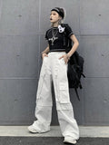 Dodobye White Cargo Pants Women Streetwear Fashion Baggy Chain High Waist Wide Leg Casual Sweatpants Y2k Vintage Mujer Trousers