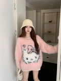 Dodobye Cartoon Cat O-neck Lazy Sweaters Mujer 2024 Autumn Sweet Pink Knitted Pullover Y2k E-Girl Waterproof Mink Tops Women