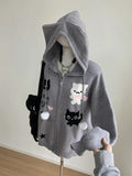 Black Friday Dodobye Cat Print Grey Knitted Cardigan Ears Hooded Sweater Women Oversized Long Sleeve Soft Girl Cutecore Zip Up Winter Clothes