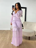 Dodobye Elegant Hollow Lace Spliced Chiffon Ruffle Long Dress Women Sexy Deep V-neck Lantern Sleeves Maxi Dresses 2024 Lady Party Robes